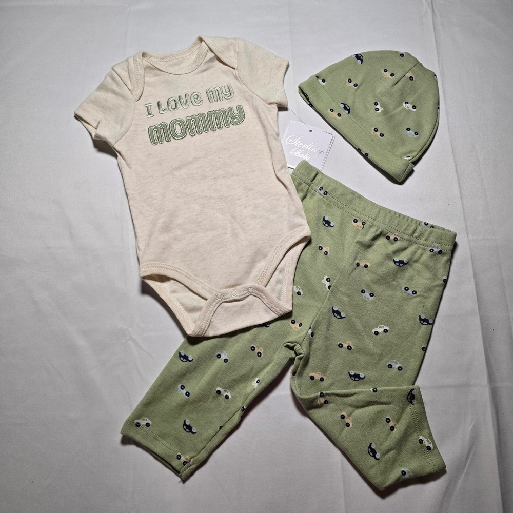Sterling Baby boy 9m 3pc Set I Love My Mommy Bodysuit Pants Hat Green Car NWT